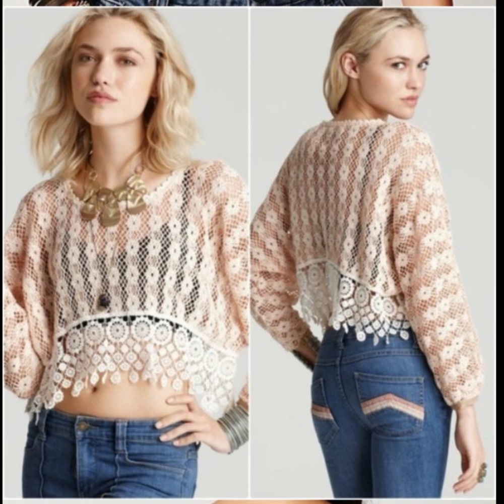 Free People Pink and White Crochet Crop Top